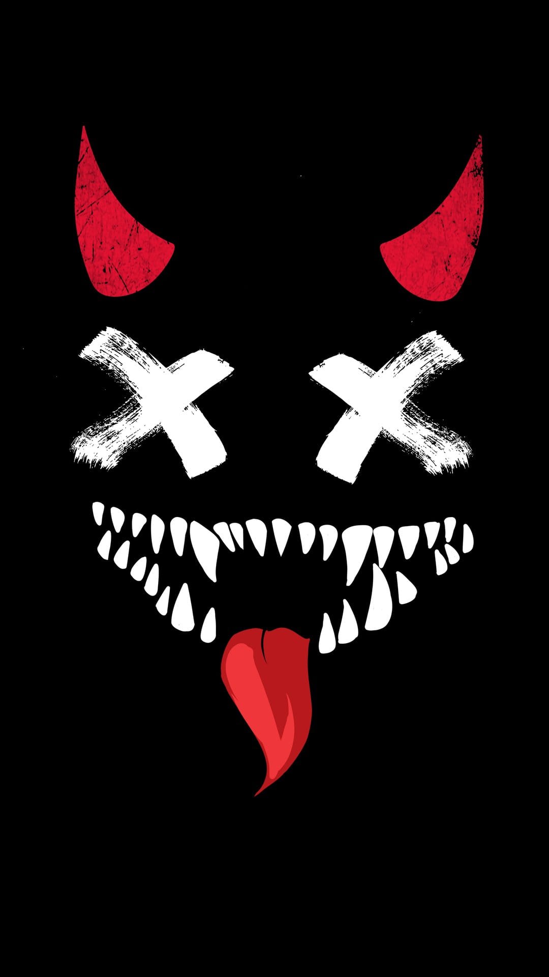 Stylized devil face with red horns, white X eyes, and sharp teeth with a red tongue on a black background.