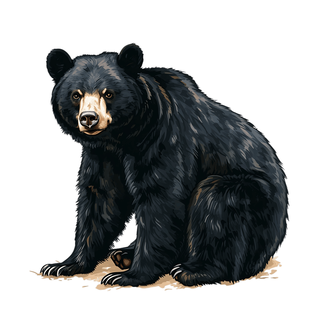 Black bear sitting upright featuring realistic fur textures, tan snout, and sharp claws against dark lighting.