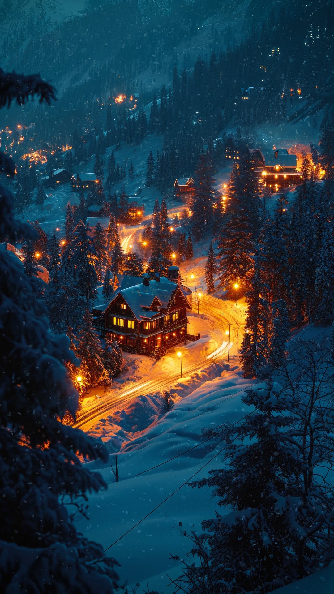 Snow-dusted wooden cabins glow with warm yellow light during a night snowfall in a quiet mountain valley.