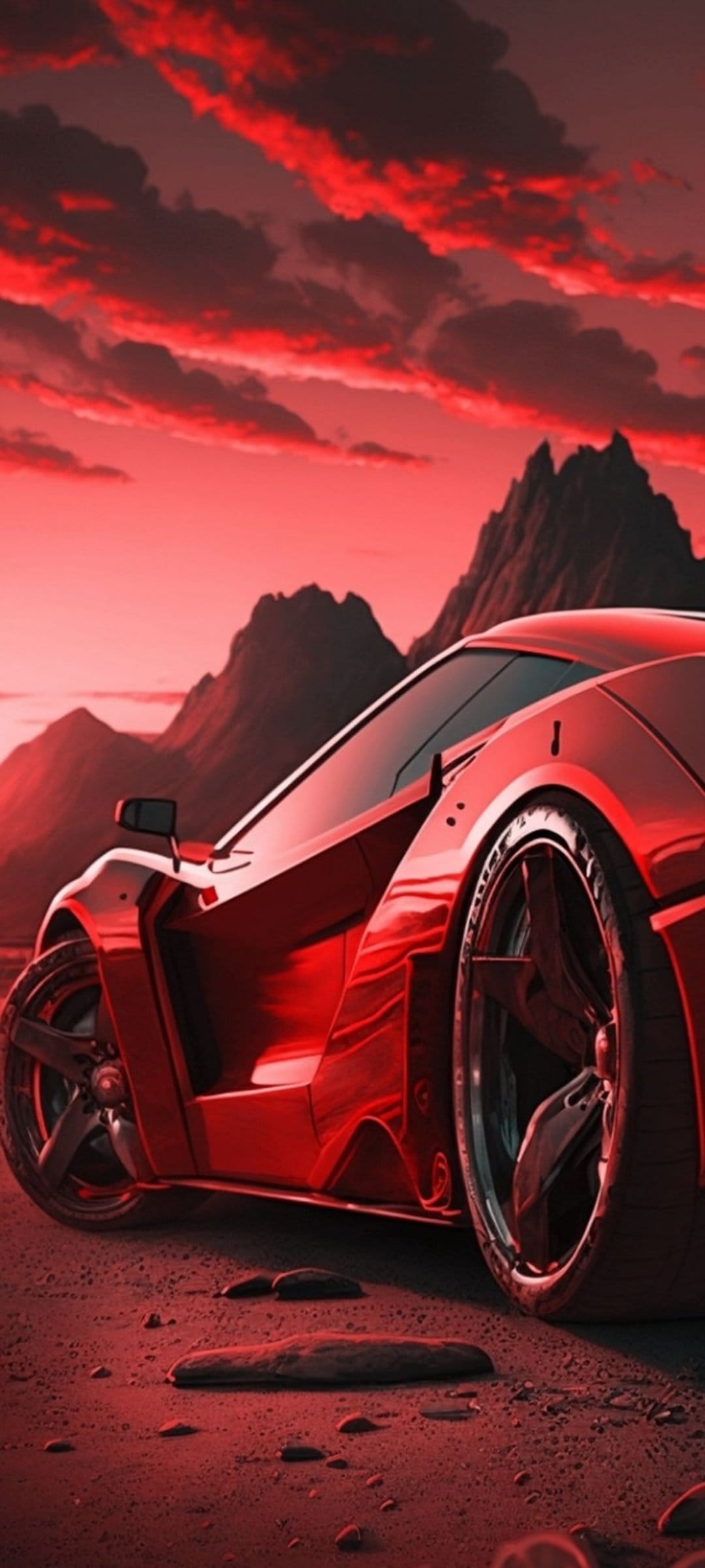 Red sports car on a rocky desert plateau with jagged mountains and glowing fiery clouds in the background.