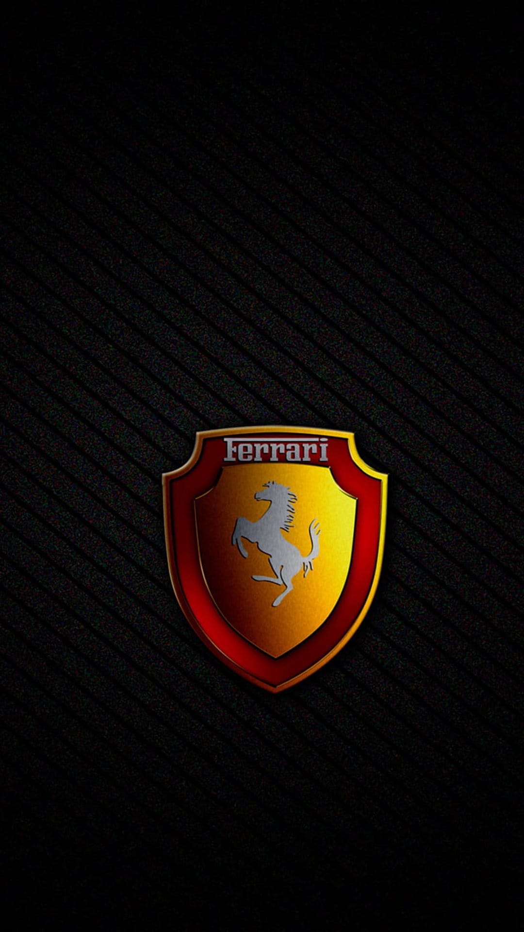 Silver prancing horse emblem on a yellow shield with red trim against a dark grainy textured background.