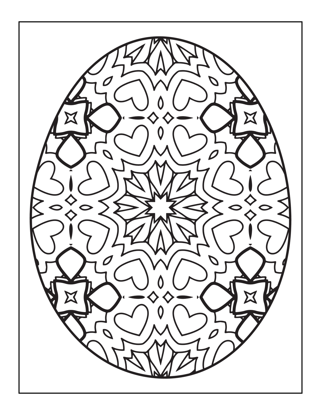 Black and white mandala vector featuring symmetrical heart shapes and geometric linework on a dark background.