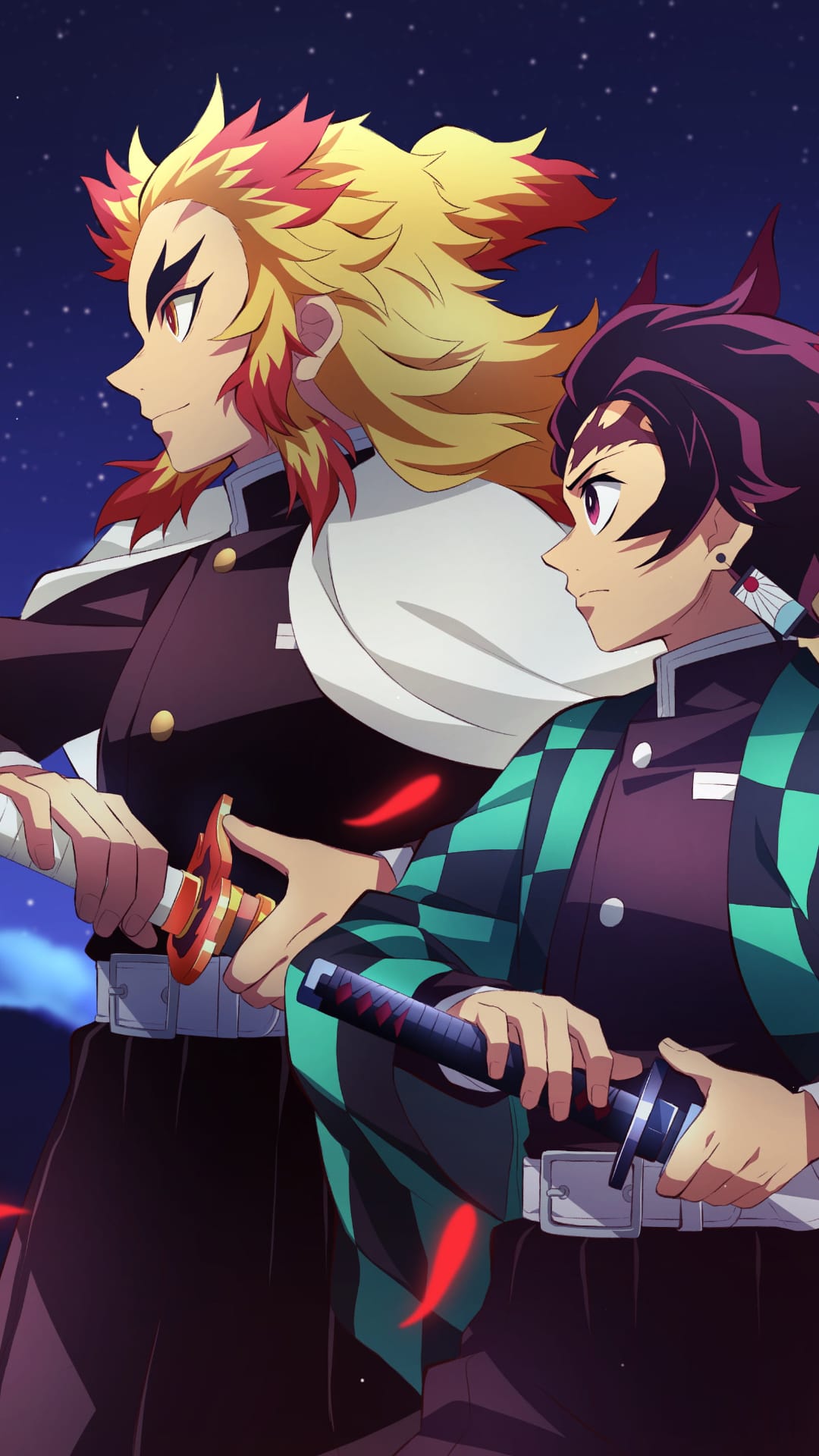 Tanjiro Kamado and Kyojuro Rengoku hold katanas beneath a dark blue sky filled with glowing celestial stars.
