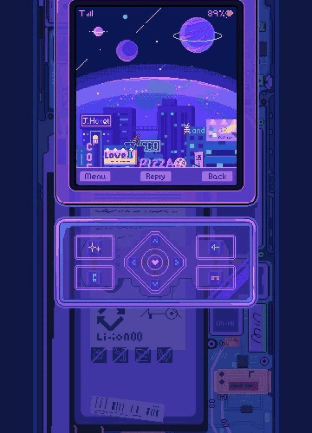 Retro phone interface with a pixelated heart icon overlays a glowing neon purple cyberpunk city and starry sky.