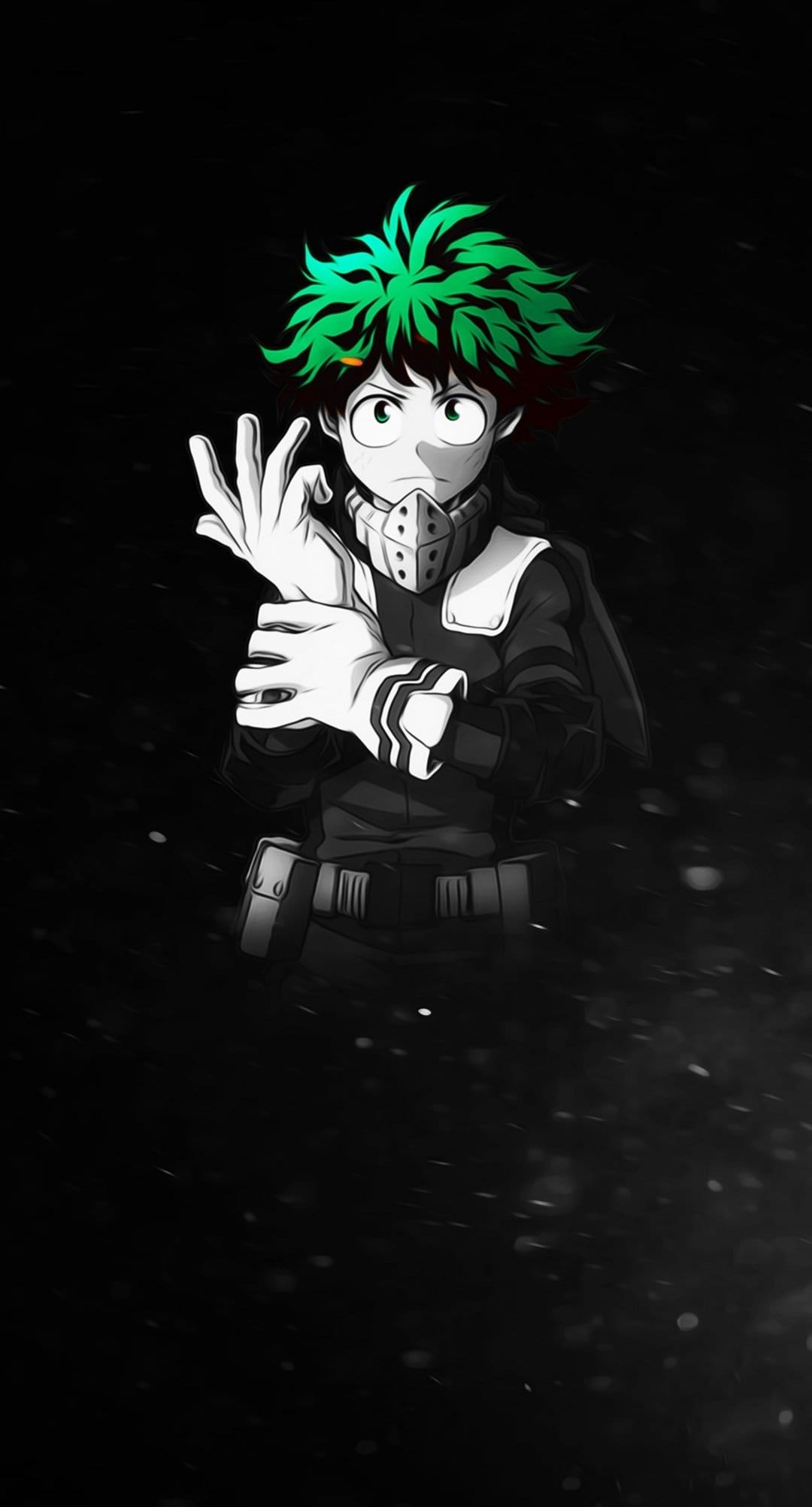Izuku Midoriya adjusts his gloves against a dark void, sporting vibrant green hair and a stern expression.