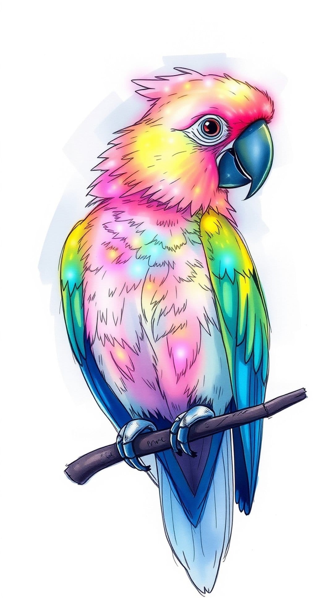 Rainbow-colored parrot with pink and yellow feathers perches on a brown branch against a white background.