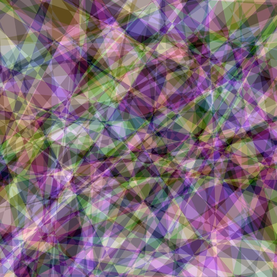 Translucent purple and green geometric polygons overlap in a layered, sharp-angled and multifaceted pattern.