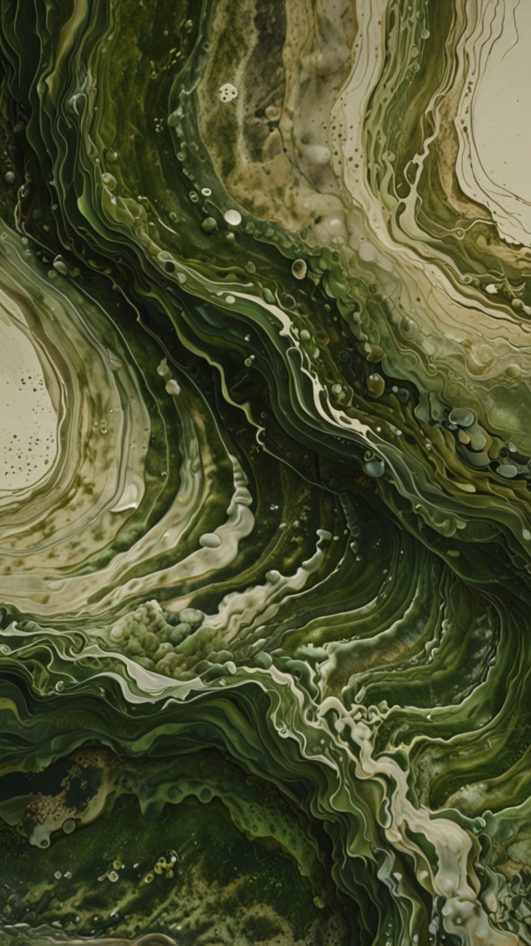 Emerald green and beige fluid swirls mix with glossy bubbles to create an organic marbled stone texture.