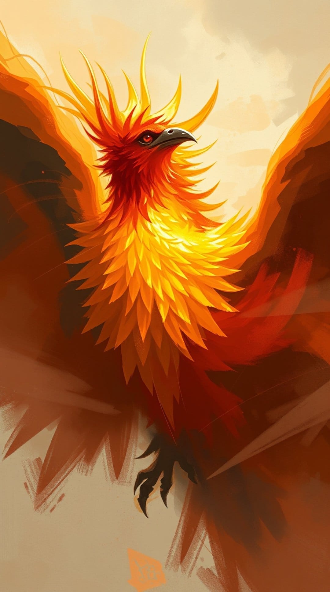 Phoenix with burning orange plumage soaring upward through a warm sky with glowing embers and sharp eyes.