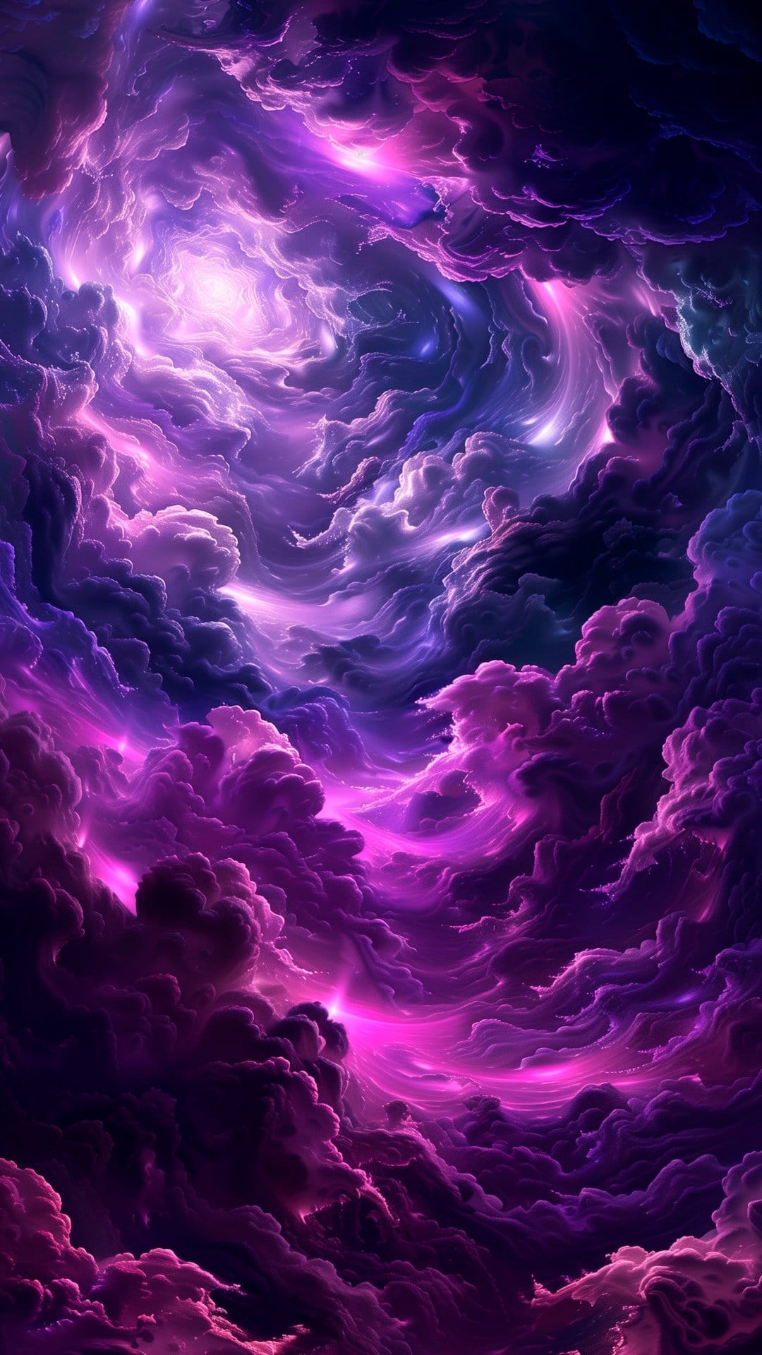 Violet nebula clouds swirl through deep space with luminous pink highlights and distant twinkling star clusters.