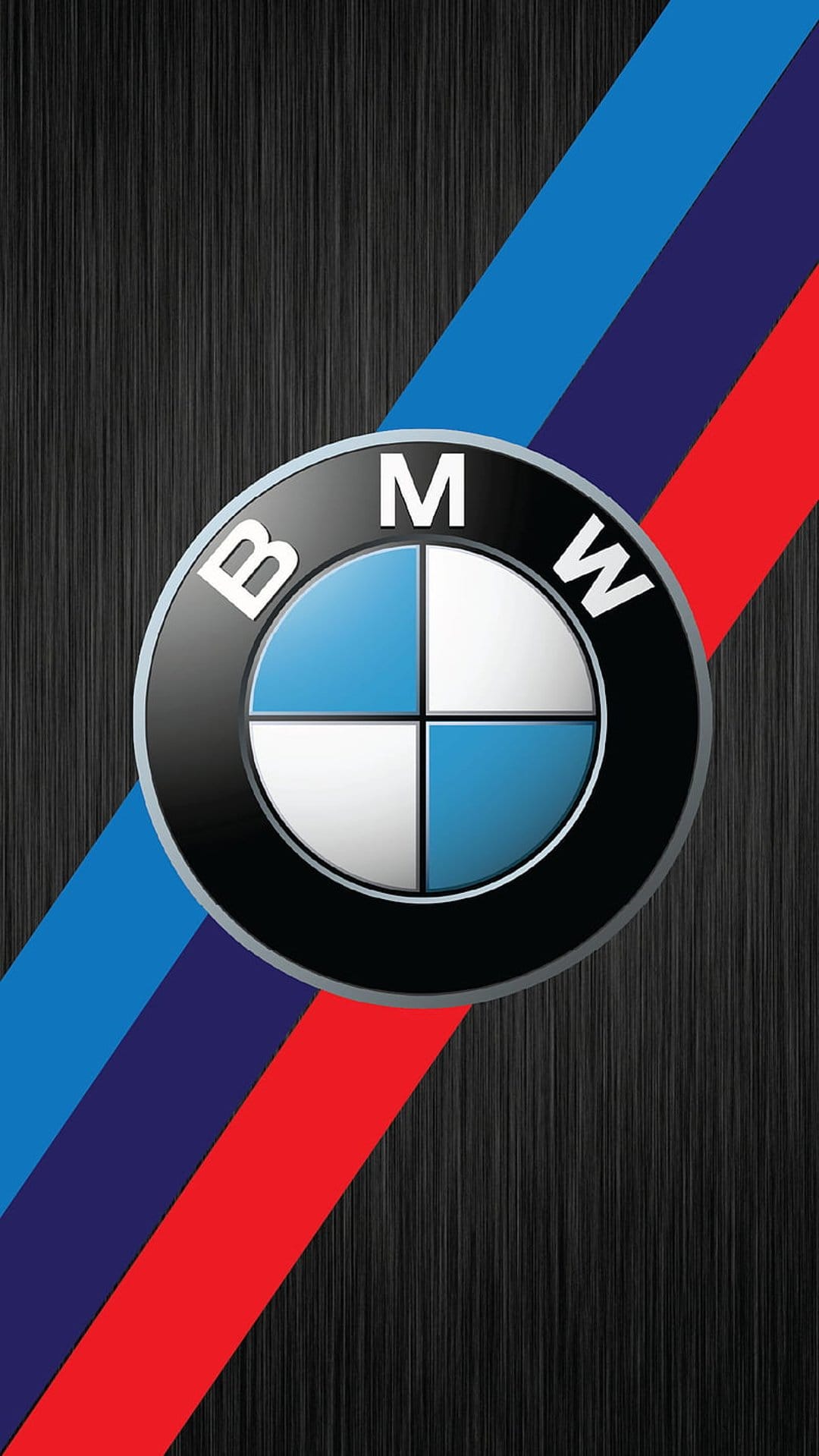 BMW logo and M sport stripes on a dark brushed metal texture with diagonal accents for a phone backdrop.
