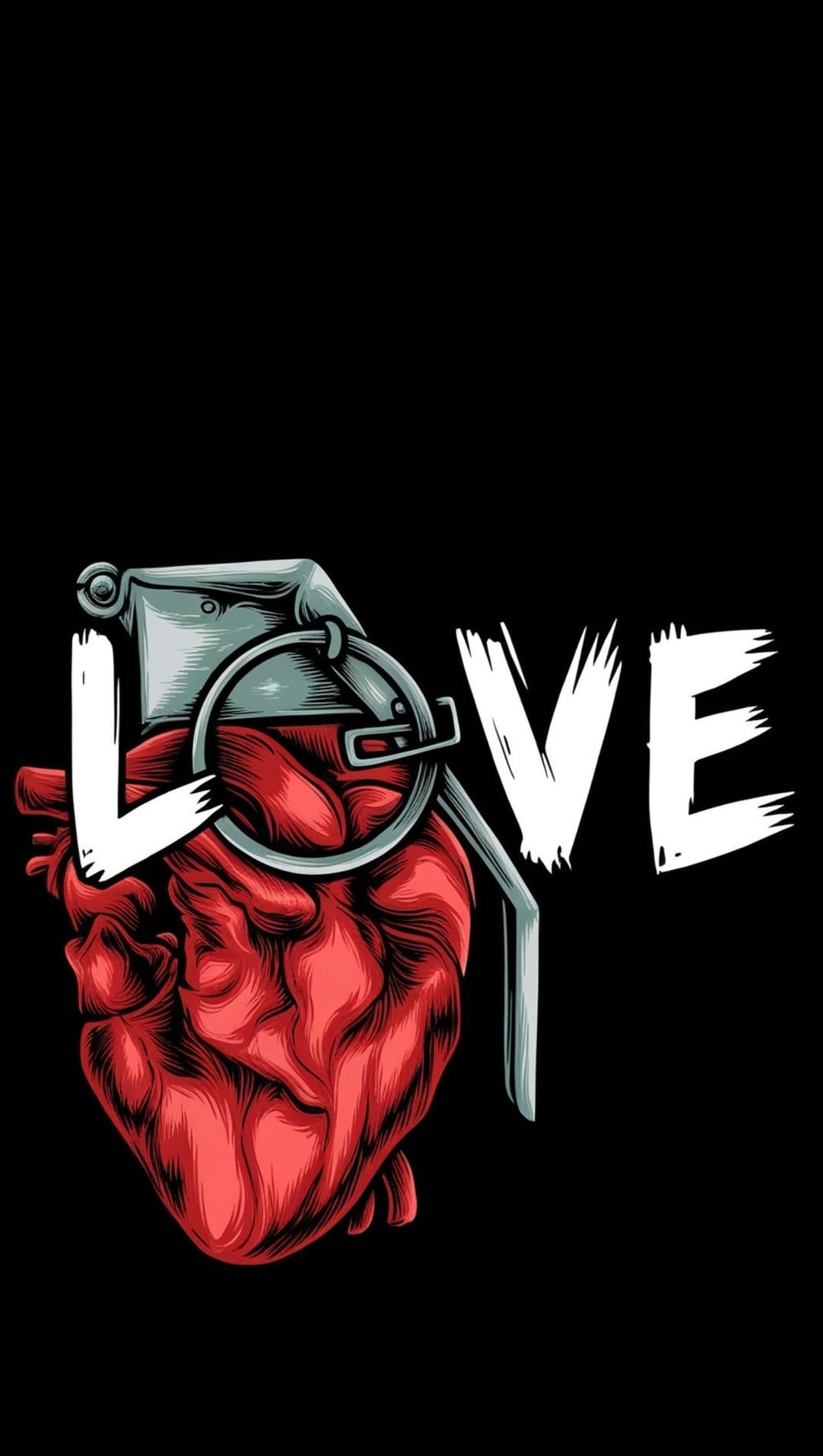 Heart-shaped grenade with a safety pin pull ring integrated into the word LOVE on a solid black background.