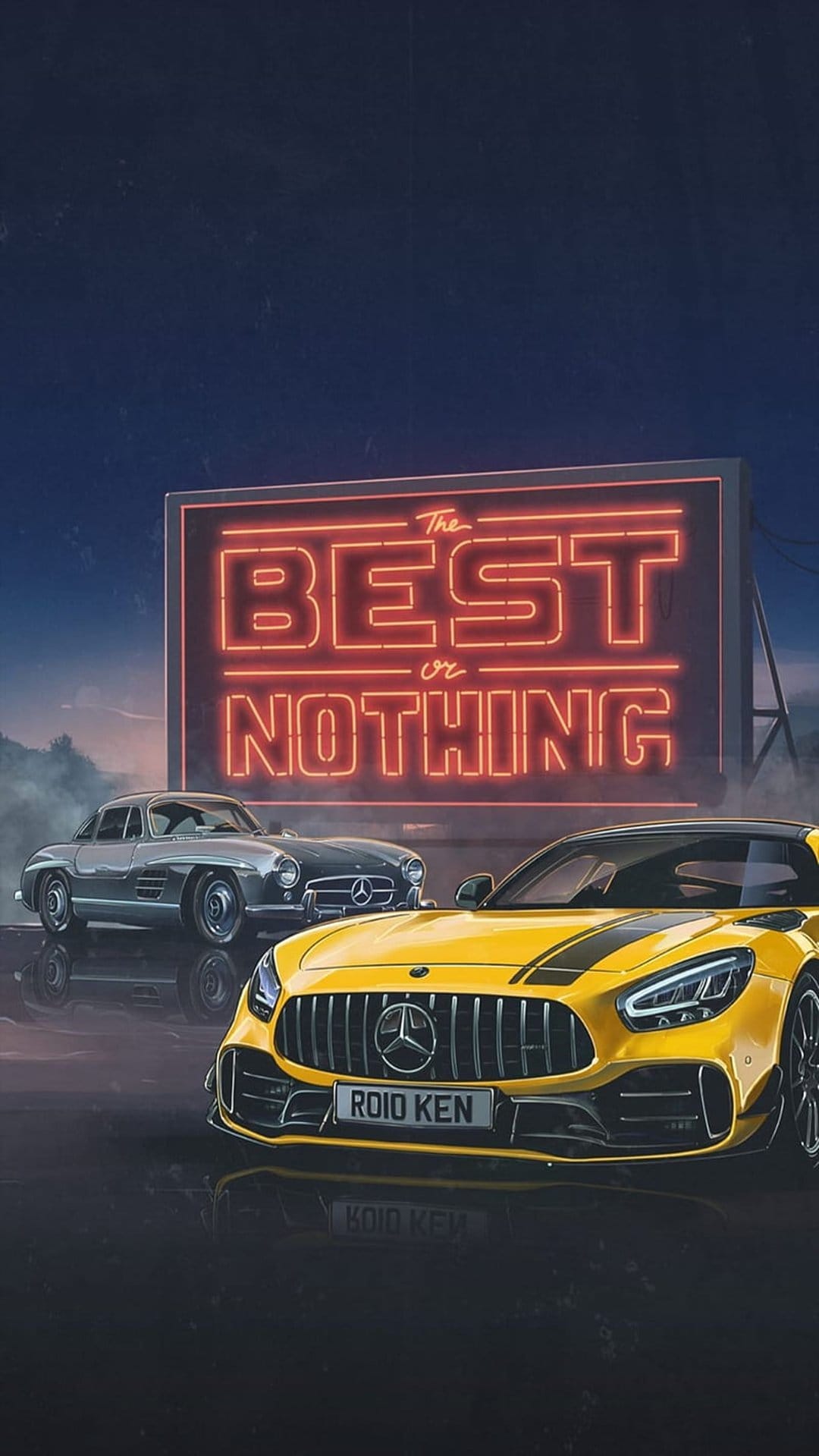 Silver Mercedes 300 SL and yellow AMG GT parked beneath a glowing neon sign reading The Best or Nothing.