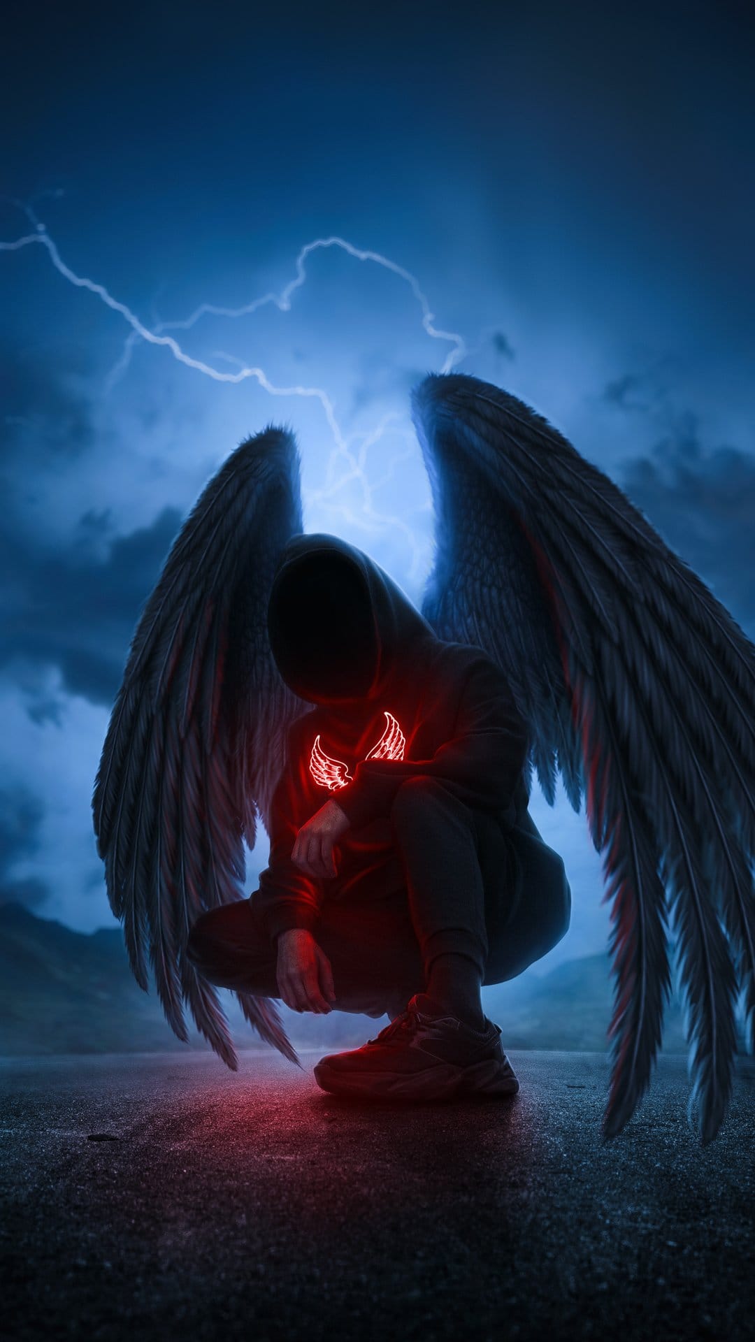 Hooded winged figure with a glowing red emblem crouching before a stormy sky filled with blue lightning strikes.