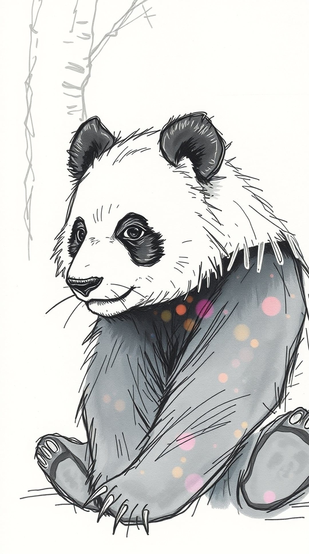 Panda bear with black eye patches and colorful glowing circles sits against a backdrop of thin tree branches.