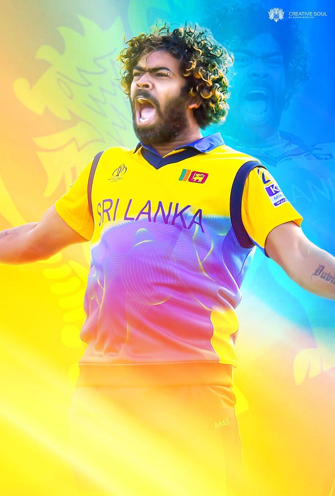 Lasith Malinga roars with arms outstretched wearing a blue and yellow Sri Lanka jersey against a lion motif.