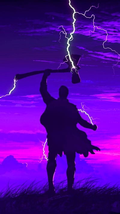 Thor, Marvel Comics, Stormbreaker, Purple Sky, Lightning, Superhero, Silhouette, Thunder God, Asgard, Avenger, Fantasy, Digital Art, Power, Epic, Cosmic, Hero, Norse Mythology, Comic Art, Dramatic, Warrior