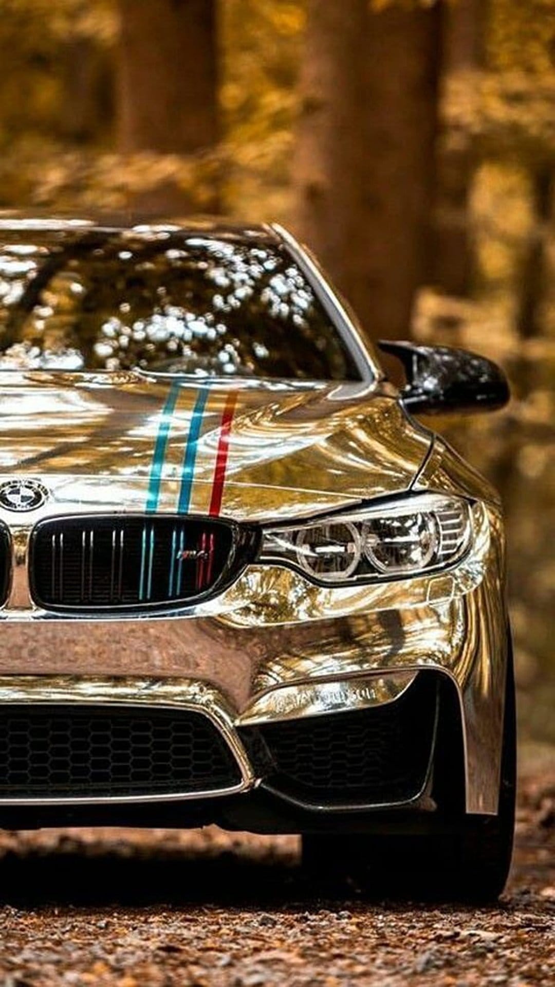 Gold chrome BMW M sports car parked in a sunlit autumn forest with blurred orange leaves in the background.