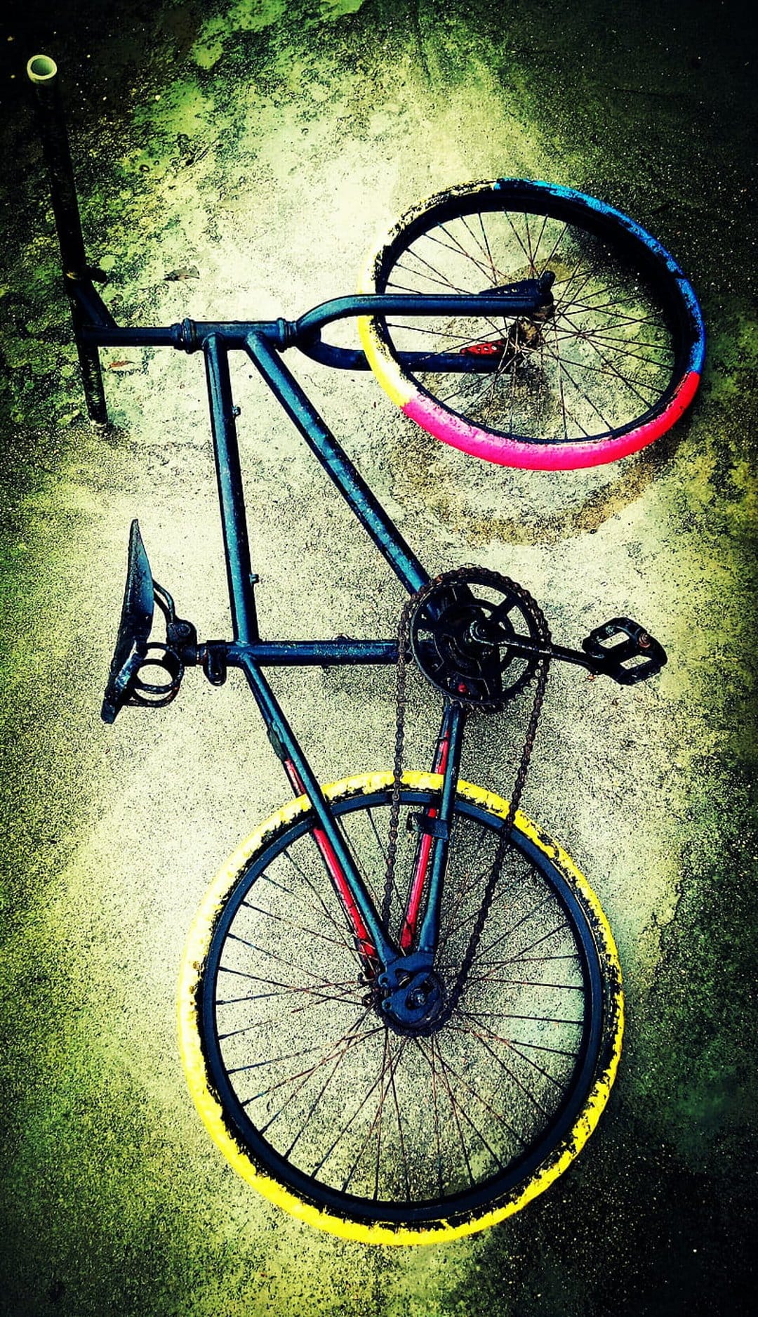 Vintage bicycle with neon yellow and pink rims leaning against mossy, weathered concrete in a close-up shot.