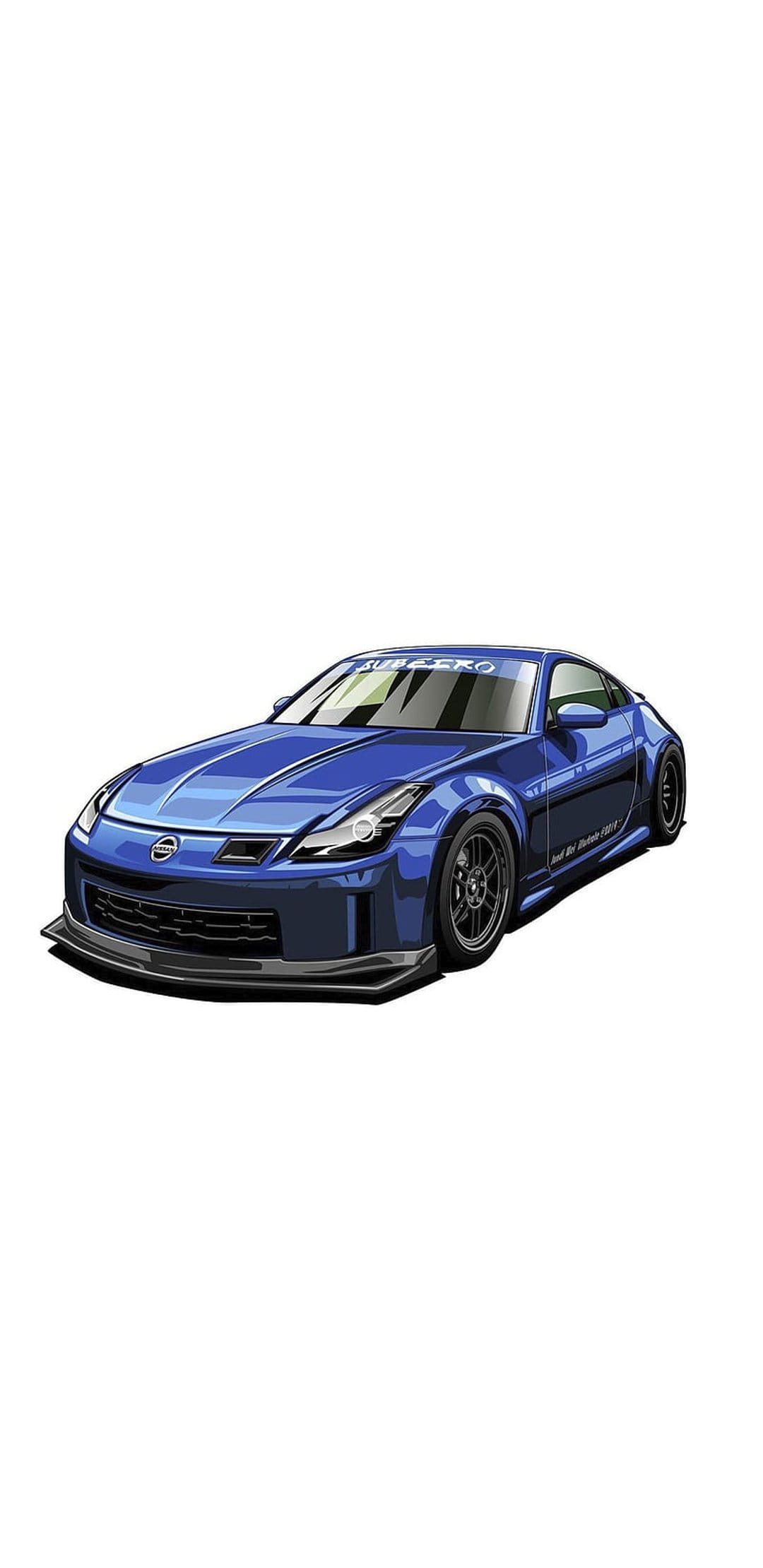 Blue sports car with an aggressive wide body kit, black racing wheels, and dark tinted windows in a vector style.