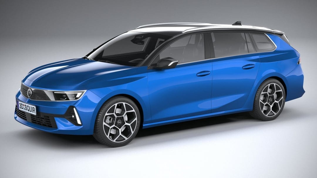 Blue Opel Astra Sports Tourer station wagon on a studio background with sleek alloy wheels and black roof.