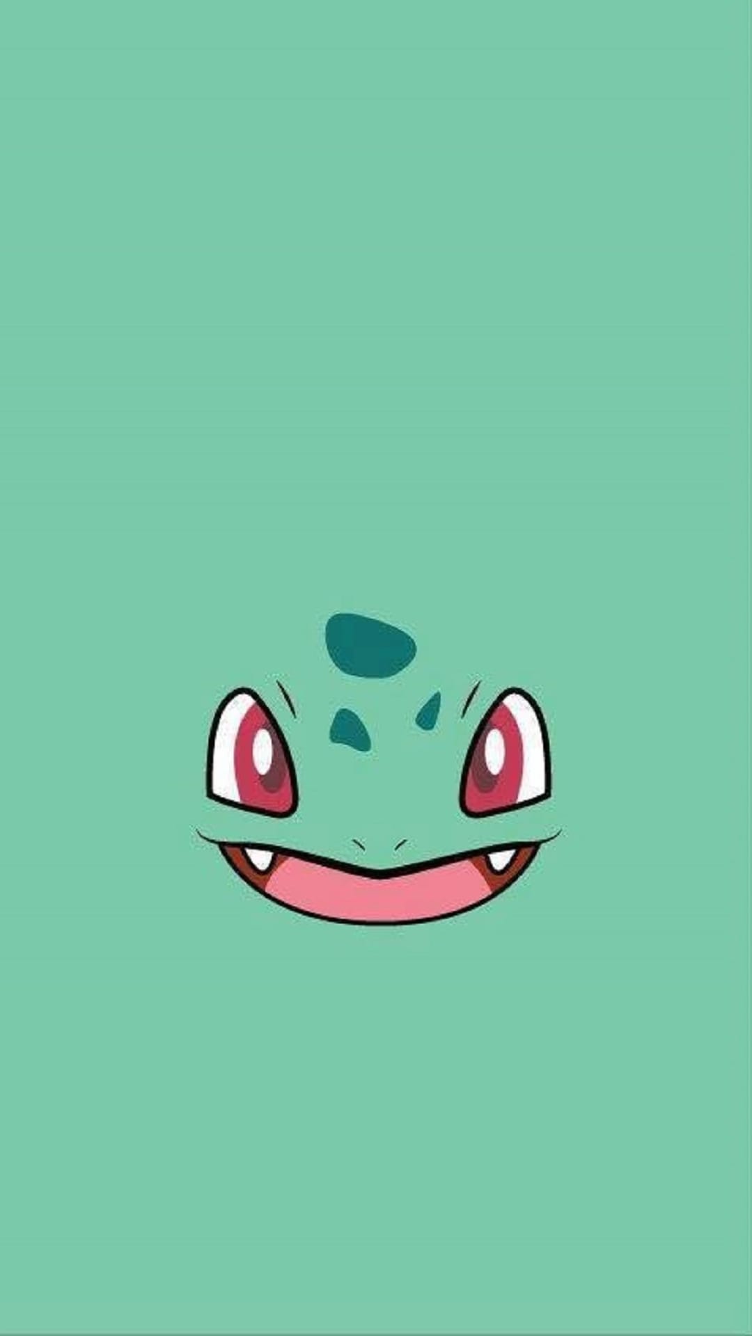 Bulbasaur face with pink eyes and a wide toothy smile centered on a solid mint green backdrop with teal spots.