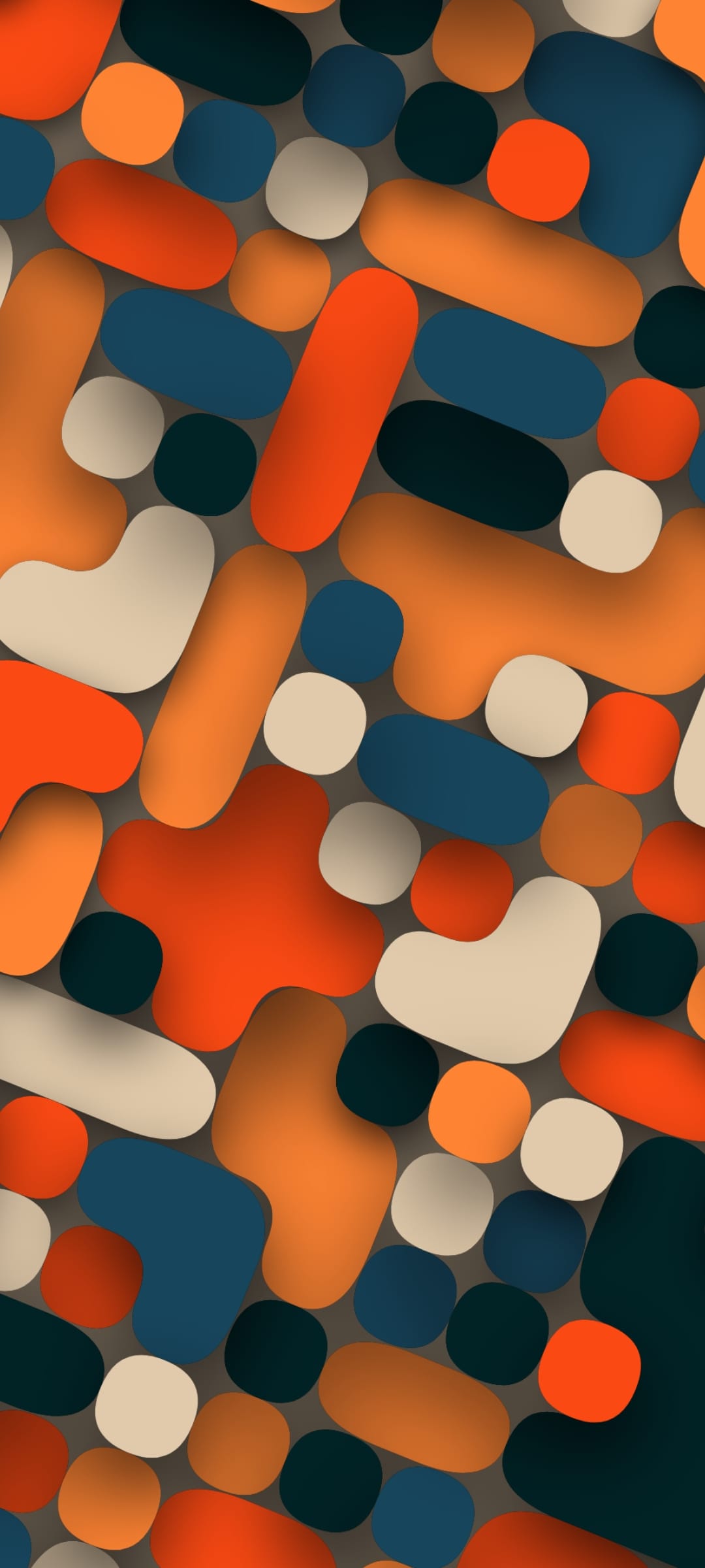 Rounded orange and teal organic forms float against a cream background with soft three-dimensional shadows.