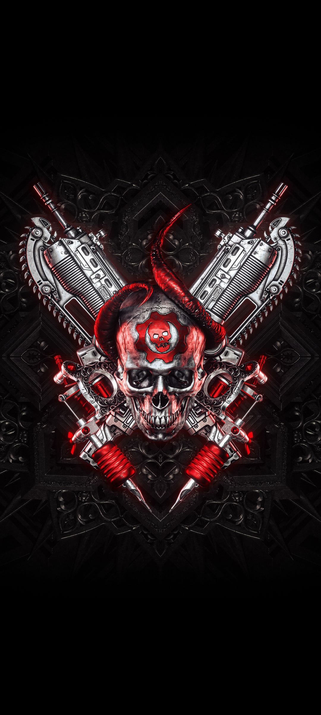 Stylized skull with red horns and a cog symbol on its forehead sits between crossed Lancer rifles and tattoo tools.