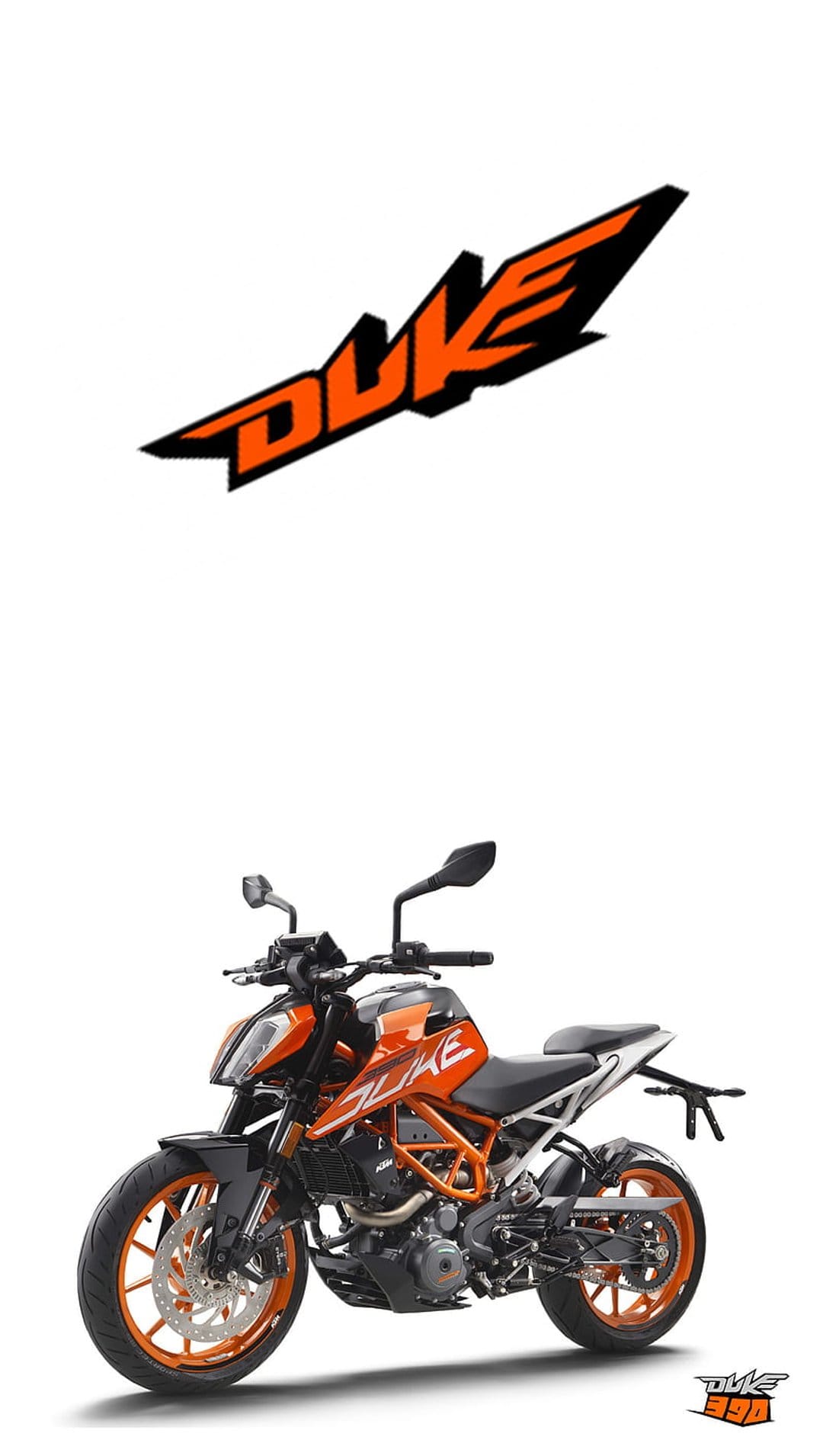 KTM 390 Duke motorcycle featuring a bright orange trellis frame and black fairings in a vertical composition.