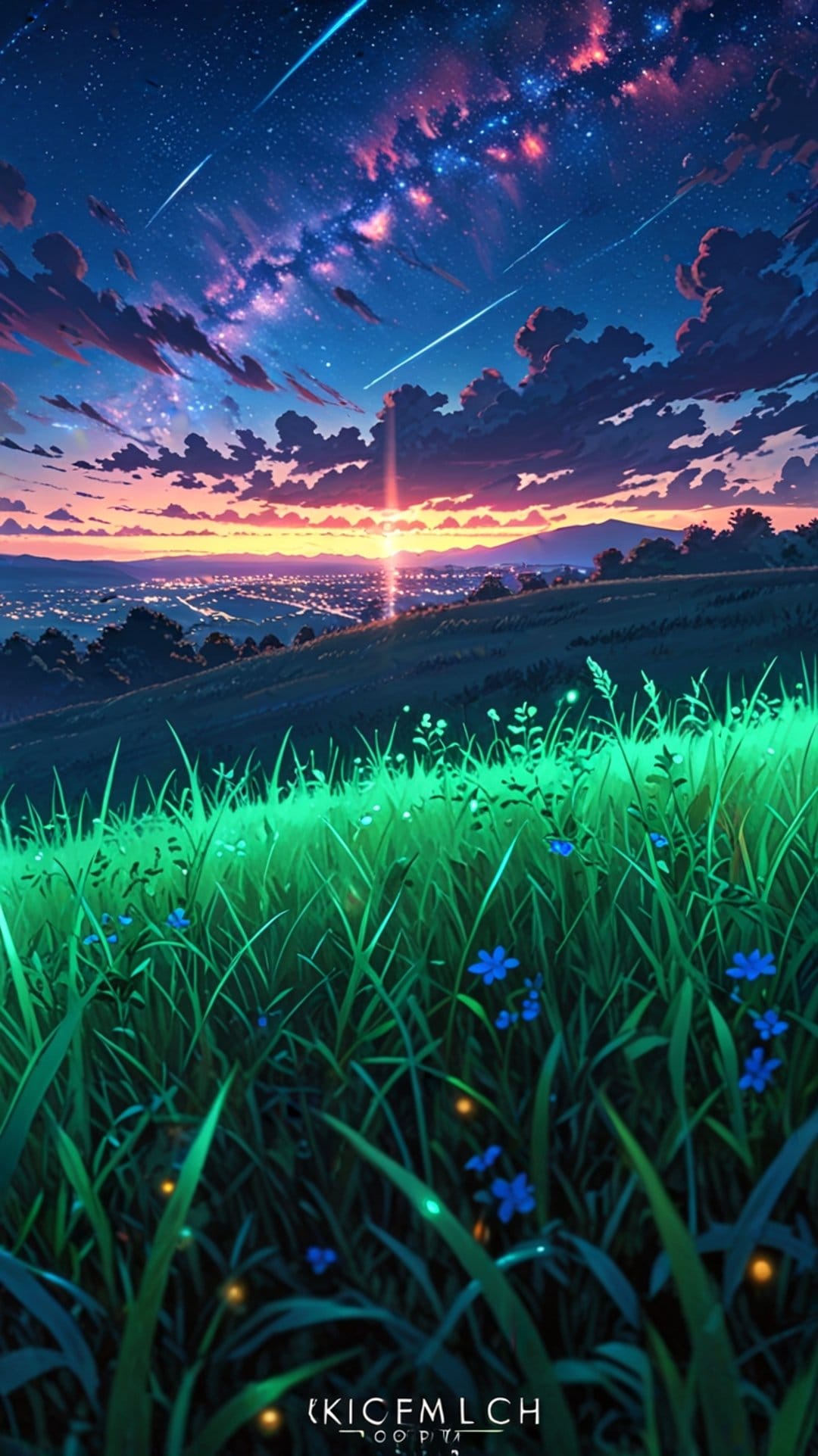 Milky Way galaxy with shooting stars above emerald green hills and a sparkling city valley at night.