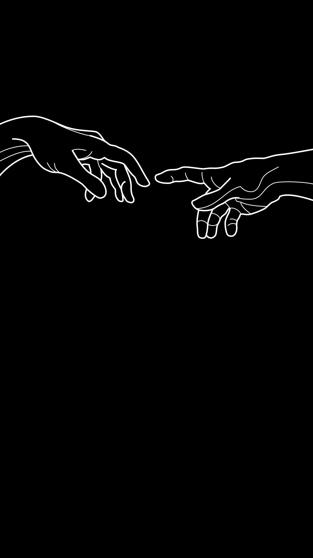 Two white-outlined hands reach towards each other with fingertips nearly touching against a solid black background.