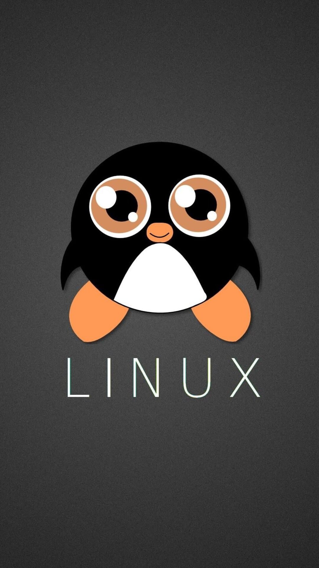 Tux penguin mascot with an orange beak and feet stands above white Linux text on a dark textured background.