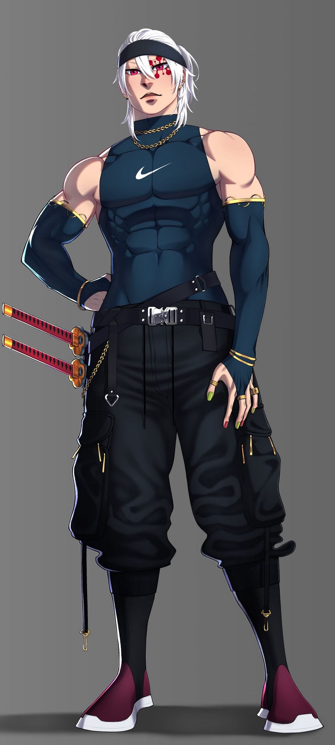 White-haired anime warrior in a navy sleeveless top and black cargo pants with dual katanas at his hip.