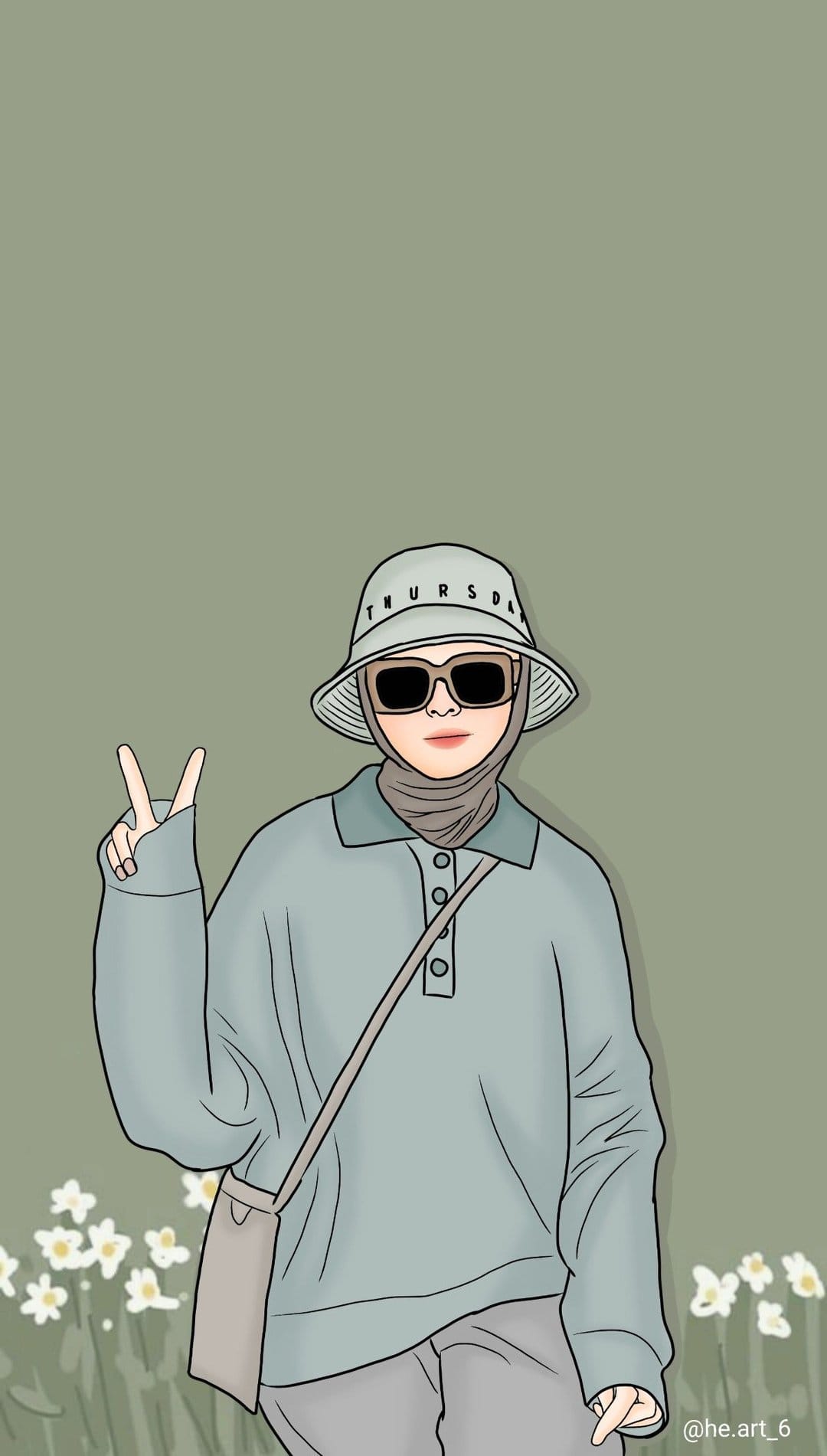 Young woman wearing a beige hijab and light blue outfit makes a peace sign against a floral green background.