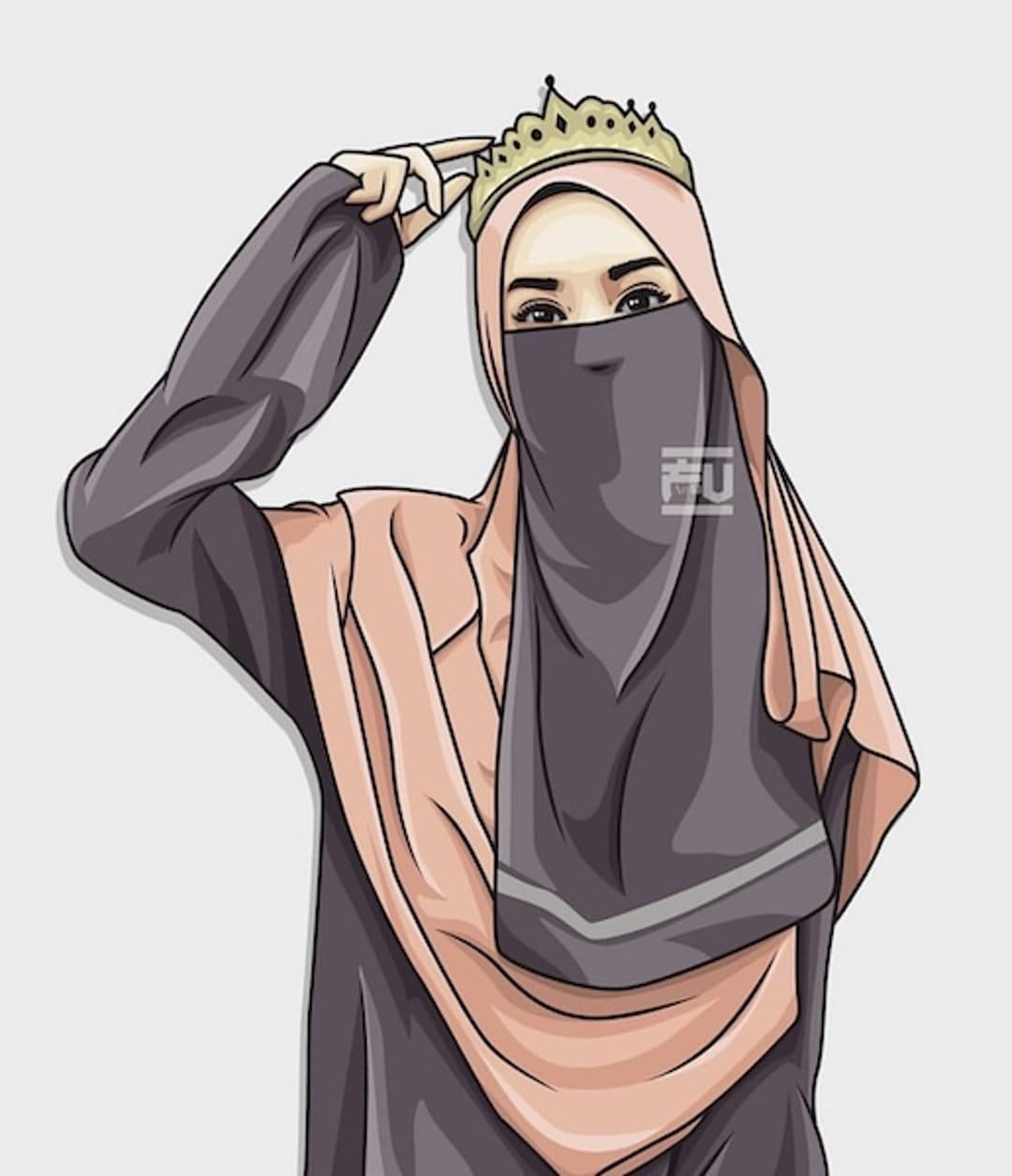 Muslim woman wearing a golden crown and dark niqab with peach-colored outer layers in a vertical portrait.