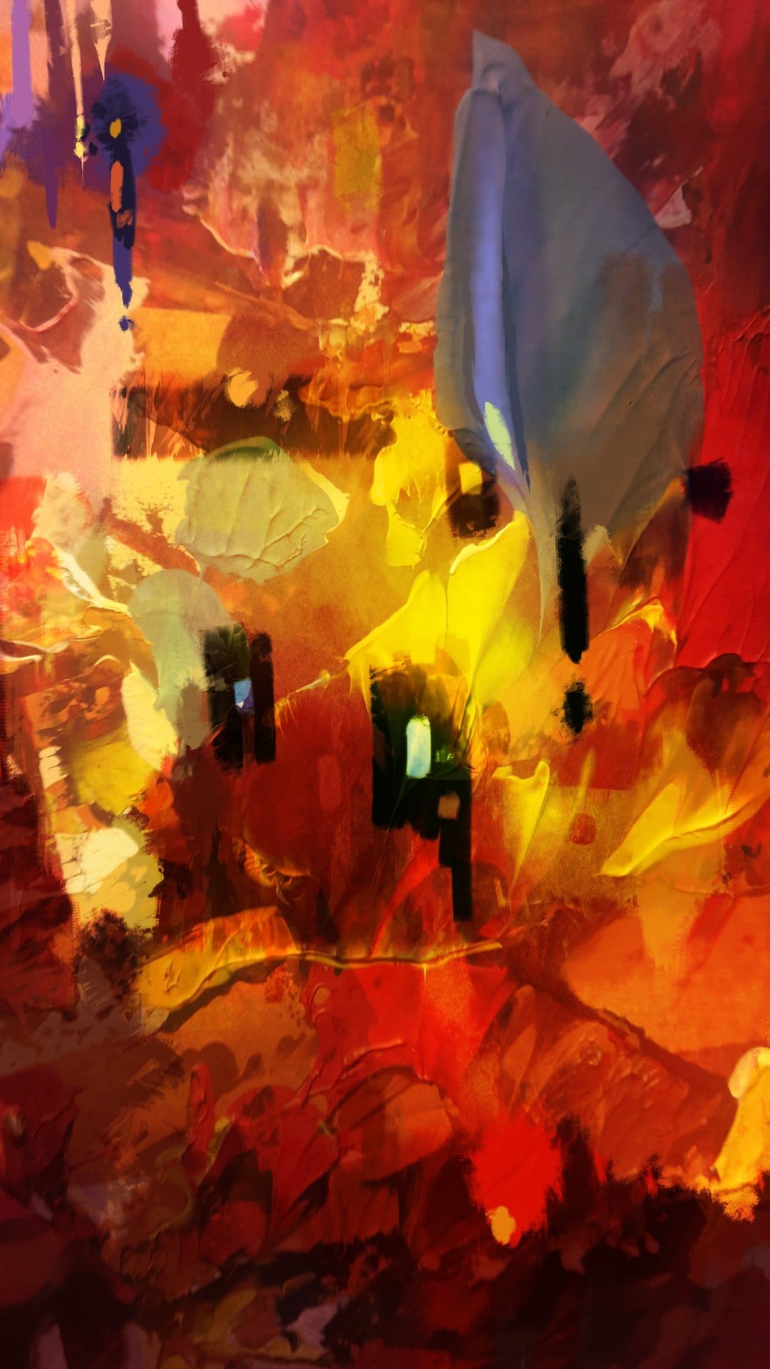 Fiery red and yellow paint layers surround dark geometric rectangles with a single blue drip running vertically.