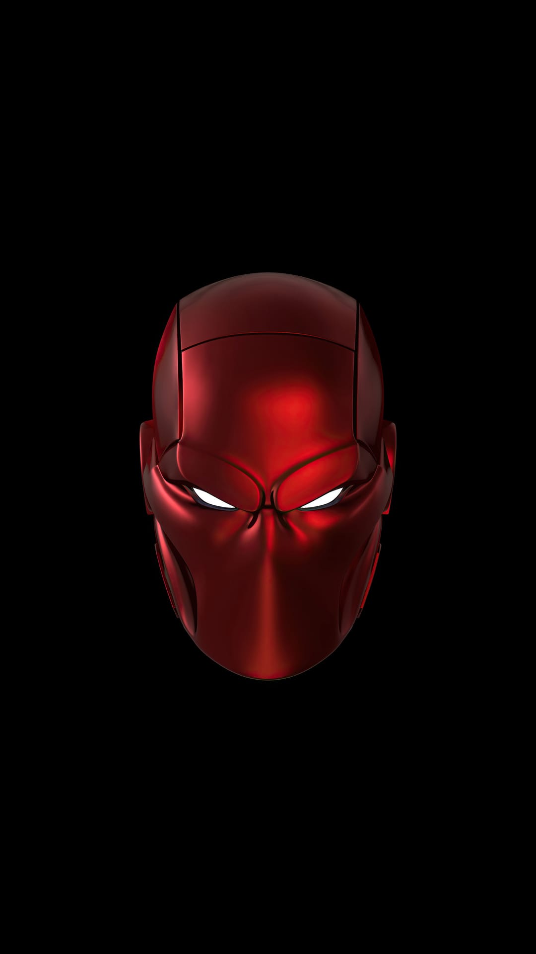 Red Hood mask with glowing white eyes and angular metallic plating centered on a solid black background.