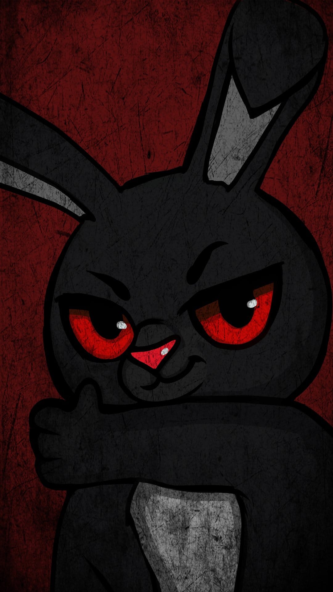 Defiant black rabbit with glowing red eyes and crossed arms poses against a textured, grungy red background.