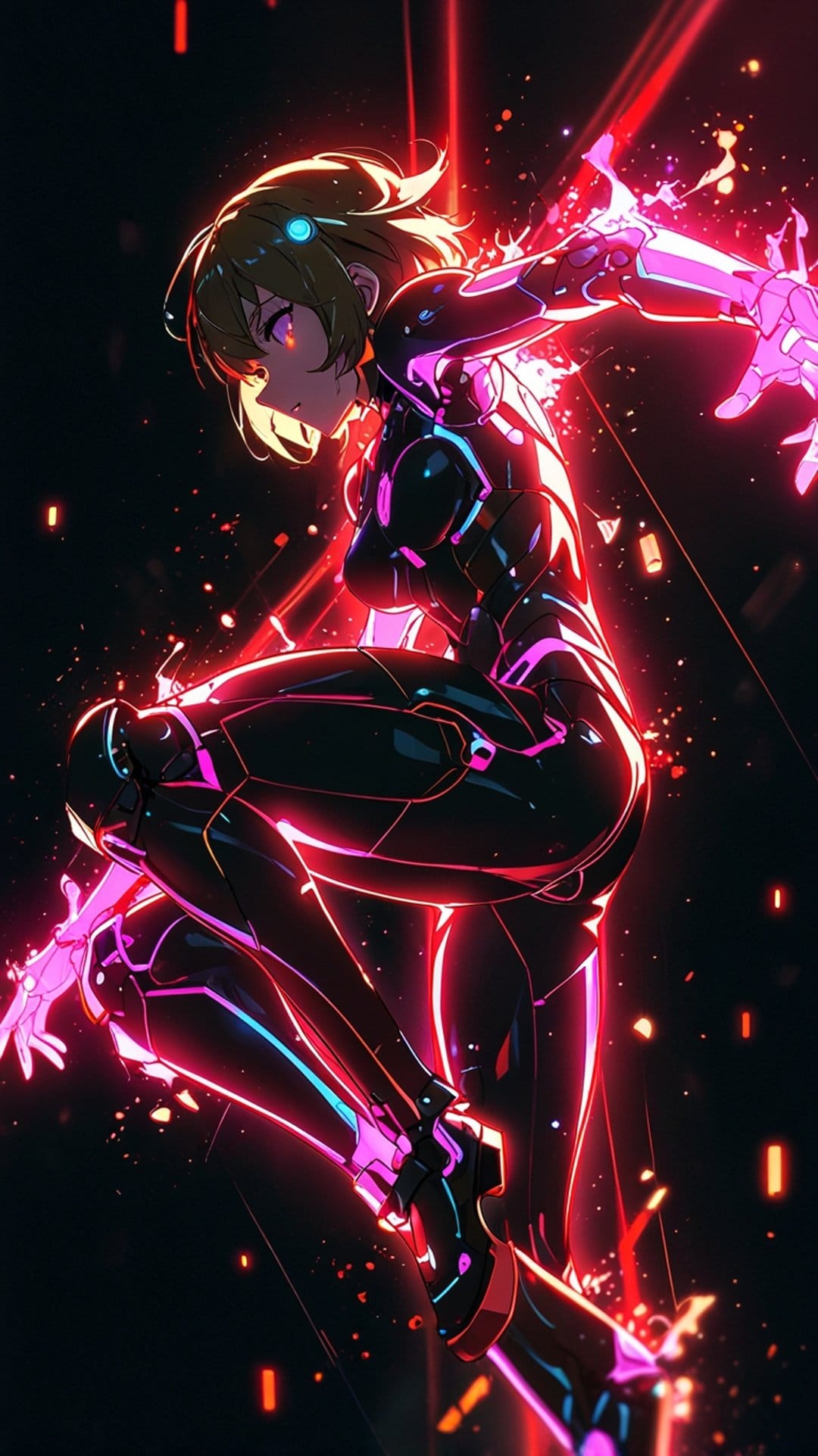 Female cyborg in a neon-lit suit performs an action pose with glowing eyes against a dark futuristic backdrop.
