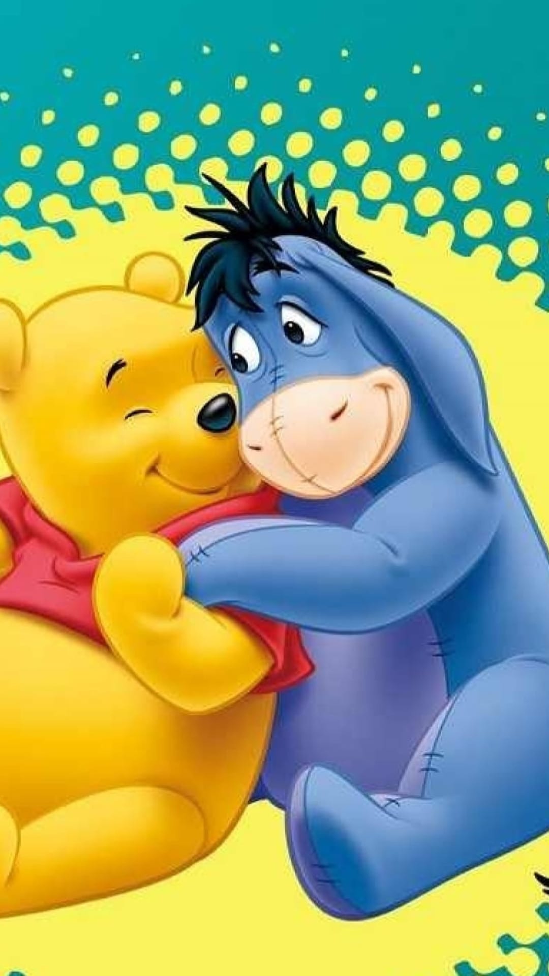 Winnie the Pooh wearing a red scarf hugs Eeyore against a vibrant yellow and teal polka dot background.