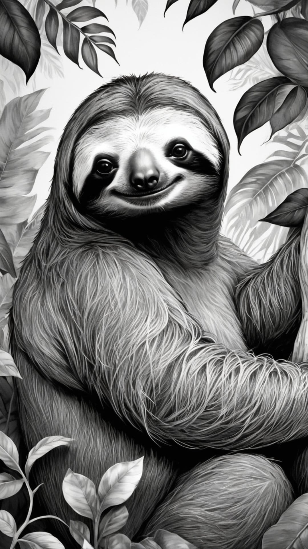 Smiling sloth peers through large jungle leaves in a detailed black and white portrait with textured fur.