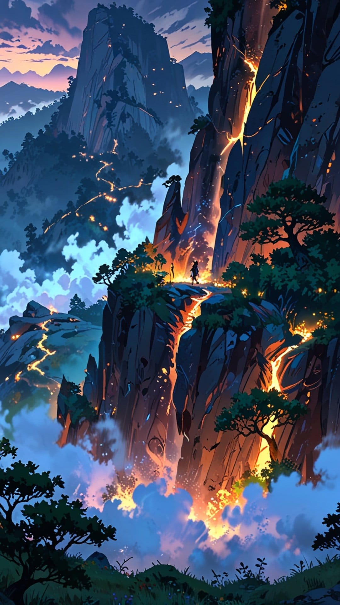 Jagged mountain peaks with a glowing lava river and a lone silhouette gazing at the volcanic valley at dusk.