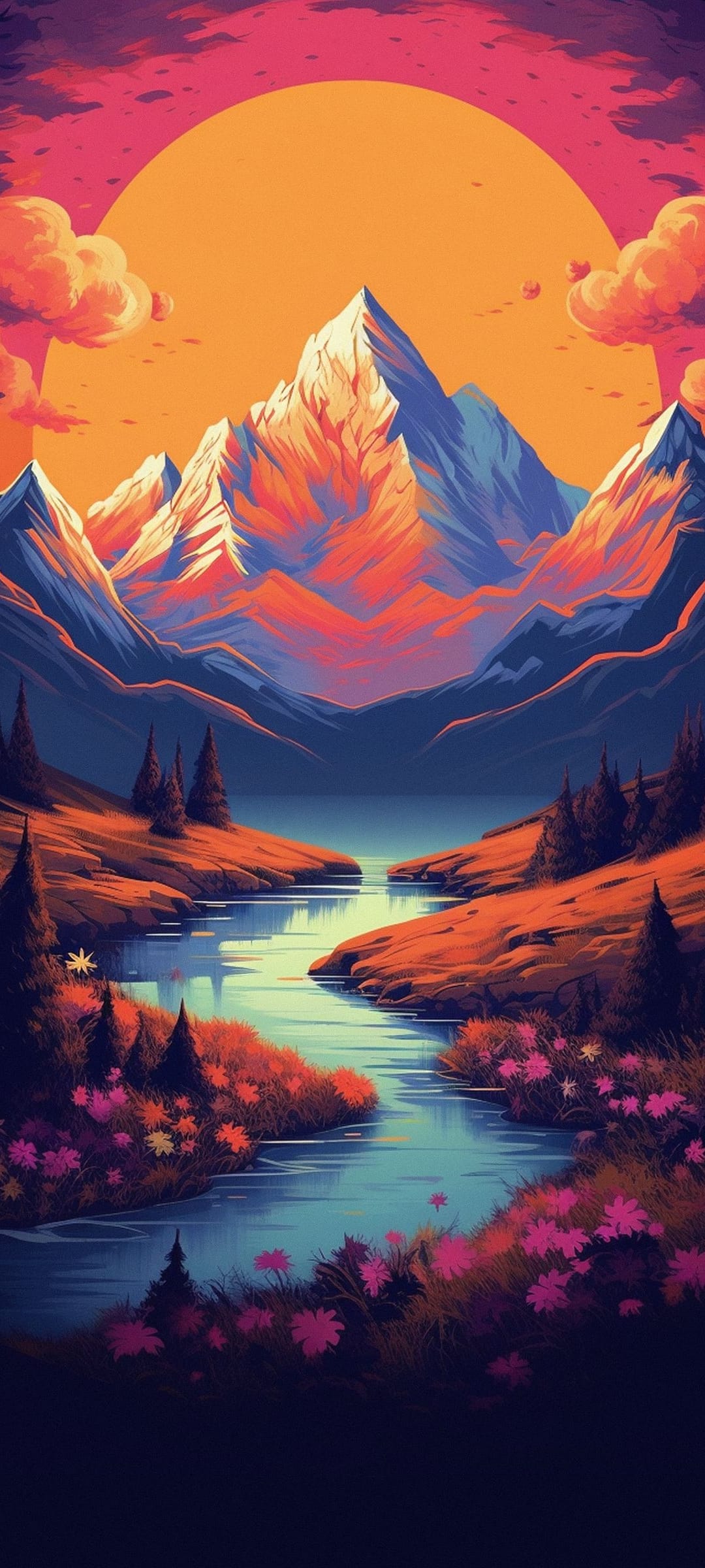 Snow-capped mountains tower over a river valley with wildflowers under a vibrant orange and purple sunset sky.
