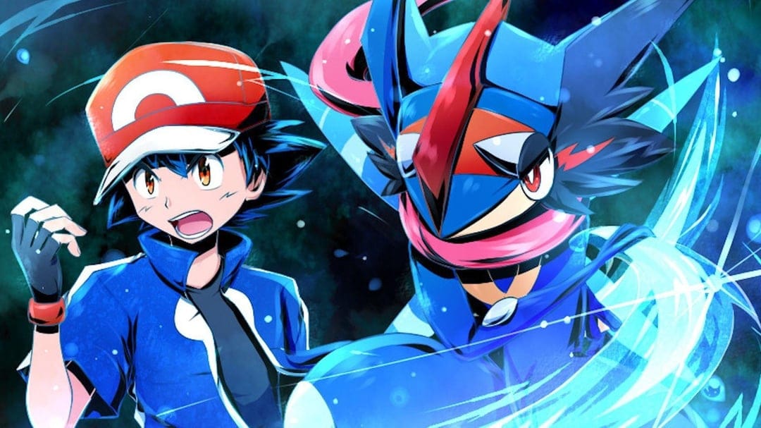 Ash Ketchum and Ash-Greninja pose together amidst glowing blue energy and swirling water effects in an anime scene.