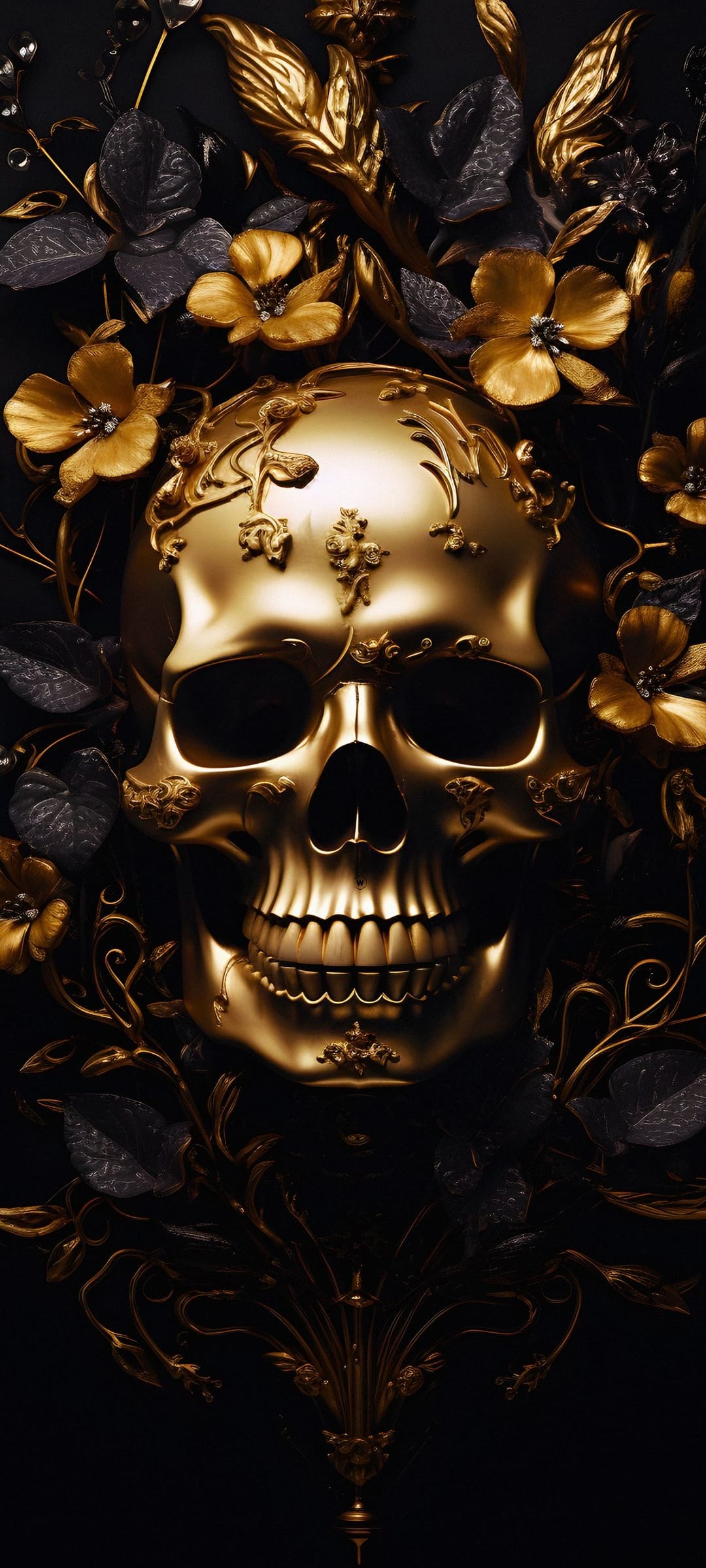 Golden skull surrounded by black leaves and gilded flowers featuring intricate textures and high-contrast lighting.