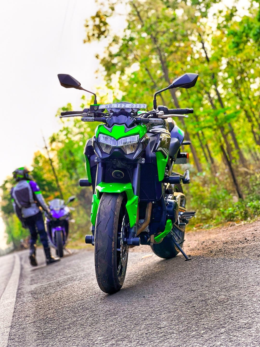 Green Kawasaki motorcycle on a paved forest road with sun-dappled light and a purple bike in the background.