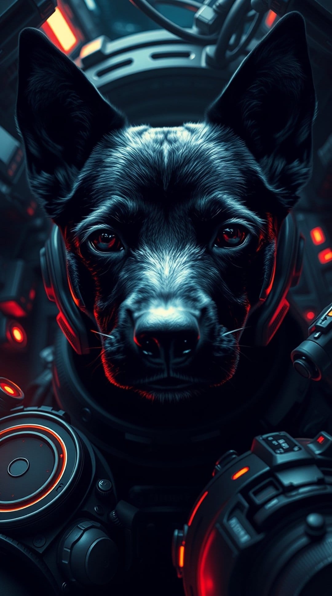 Black dog wearing matte black armor with glowing red sensors and wires against a dark industrial background.