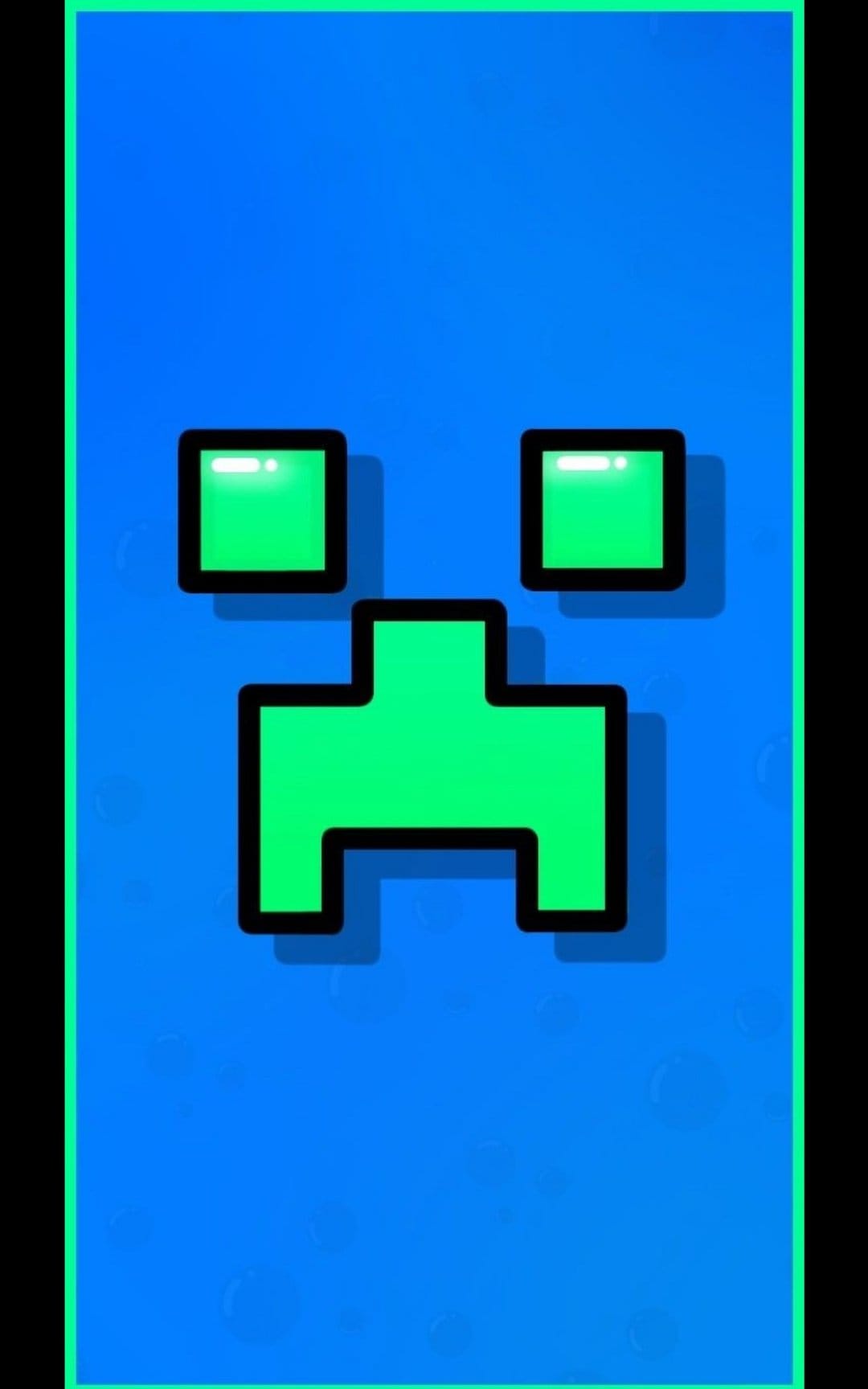 Lime green Minecraft Creeper face with black pixelated eyes on a smooth blue and cyan gradient background.