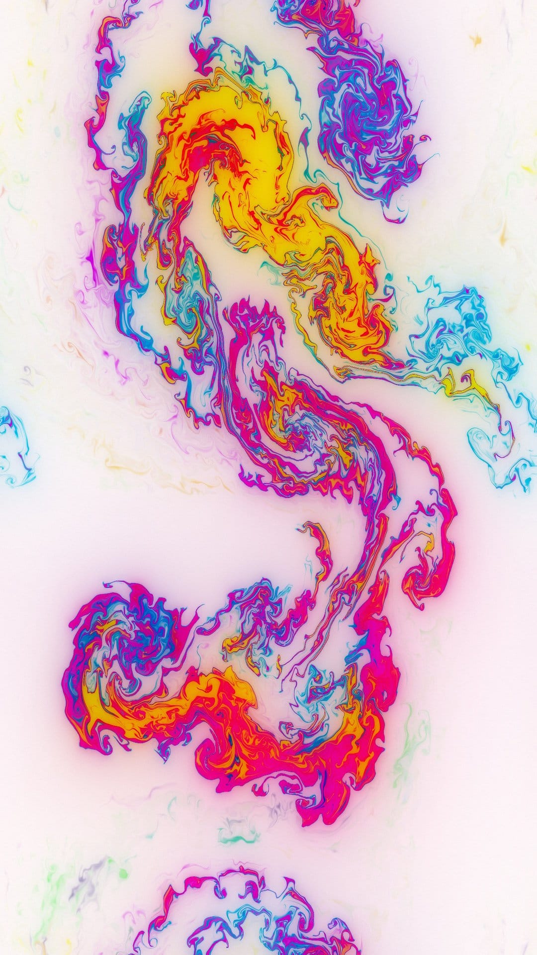 Swirling magenta and cyan ink trails blending into bright yellow clouds within a clean white liquid medium.