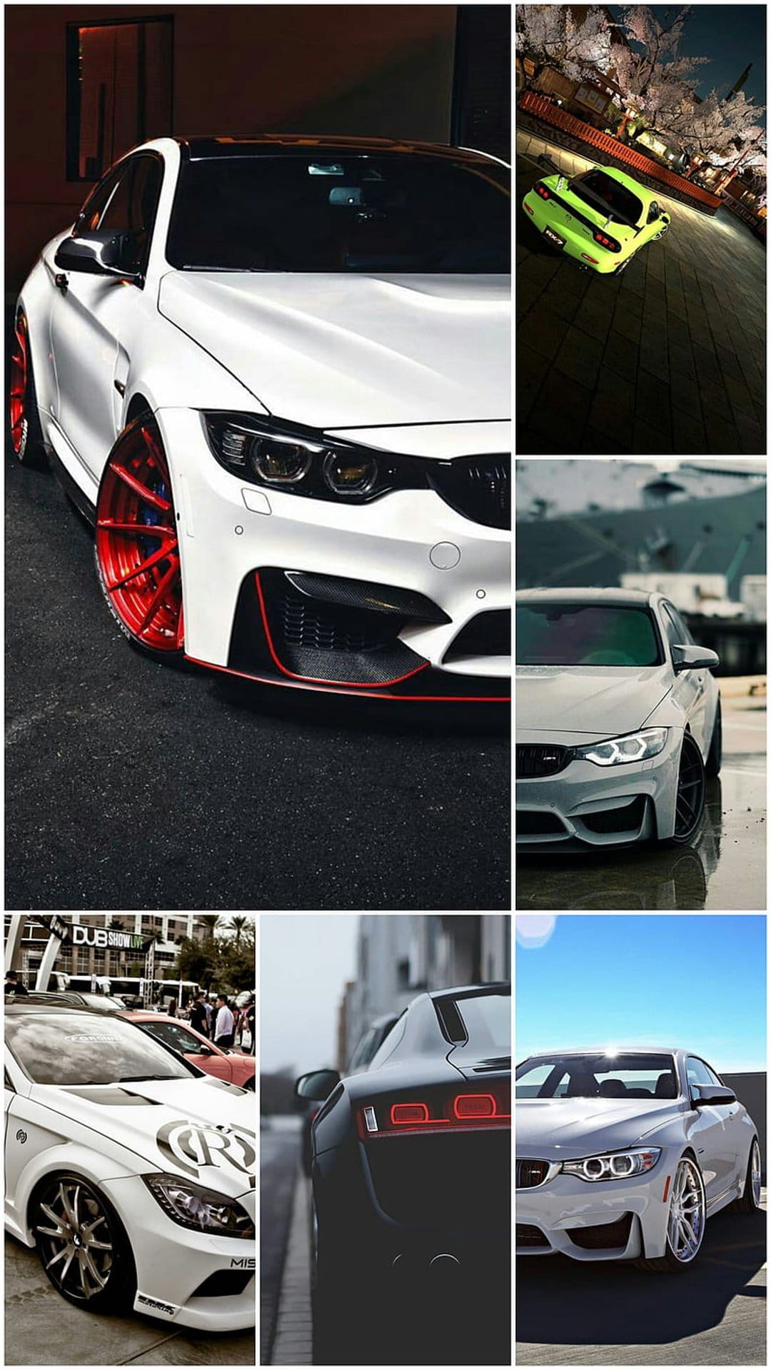 White BMW M4 with red rims and a neon green car under pink cherry blossoms captured in a vertical layout.